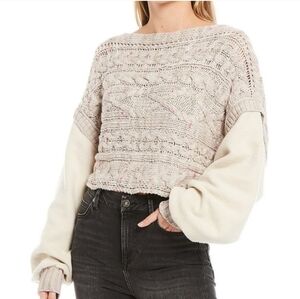 Free People Honey Cable Knit Long Drop Shoulder White Combo Cropped Sweater - M